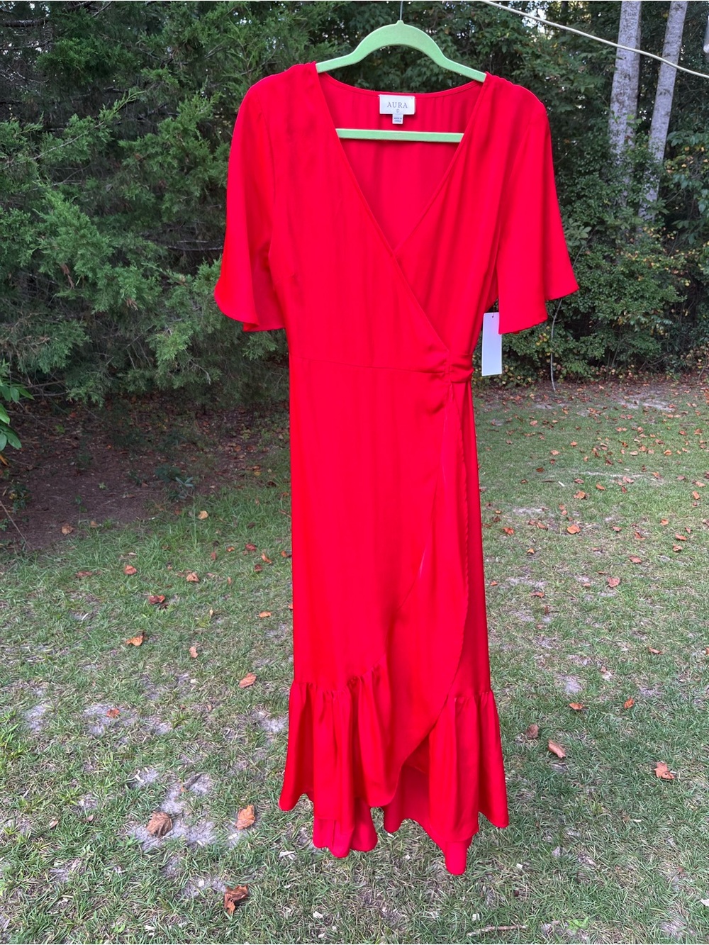 Aura Vibrant Red Wrap Midi Dress with Flutter Sleeves